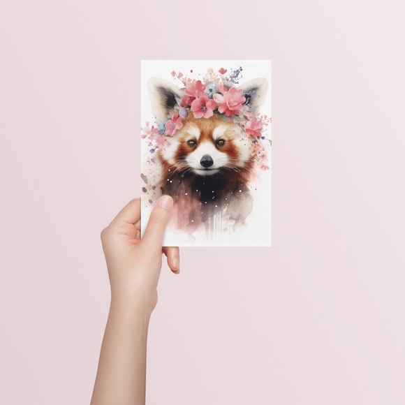 Cute Floral Red Panda Watercolor Wall Art Illustration Print Poster Unframed - Picture 5 of 7